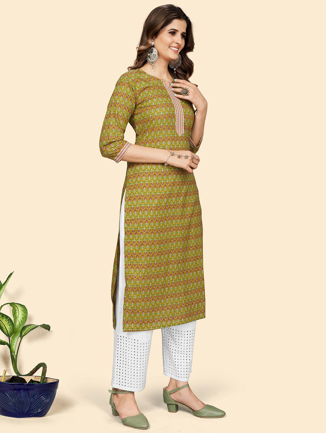 green cotton straight kurta - 19943312 -  Standard Image - 1