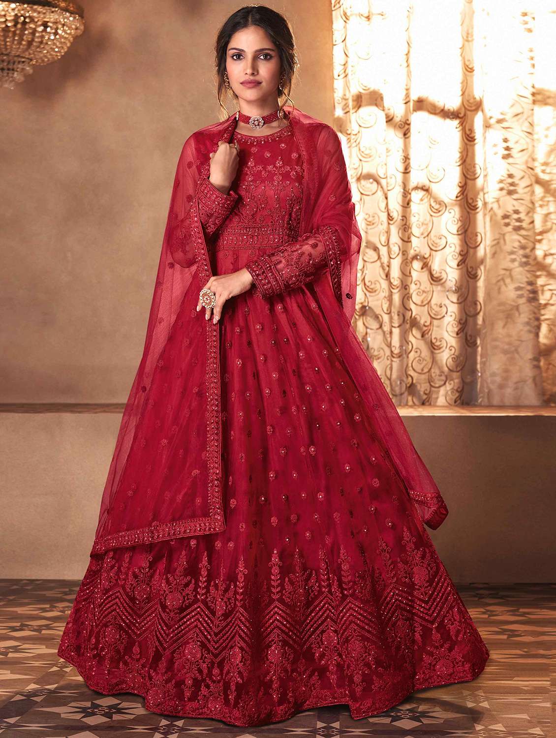 embroidered anarkali semi-stitched suit set