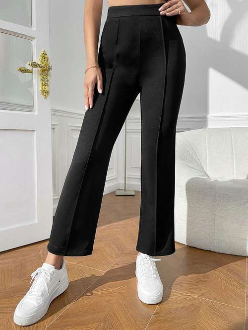 women solid high rise bootcut trouser