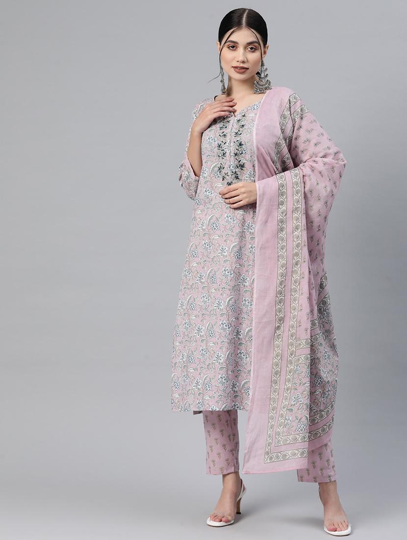 women three quarter sleeve kurta pant with dupatta set - 19944876 - Standard Image - 1