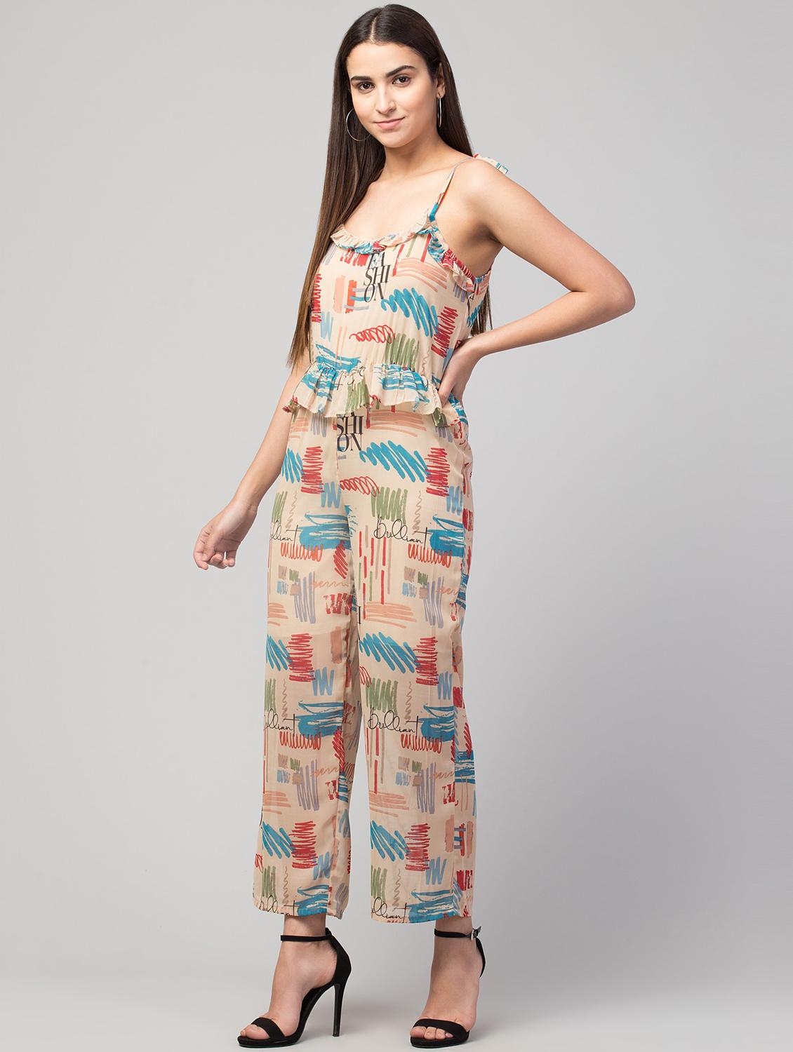 beige printed full leg jumpsuit - 19945507 - Standard Image - 1