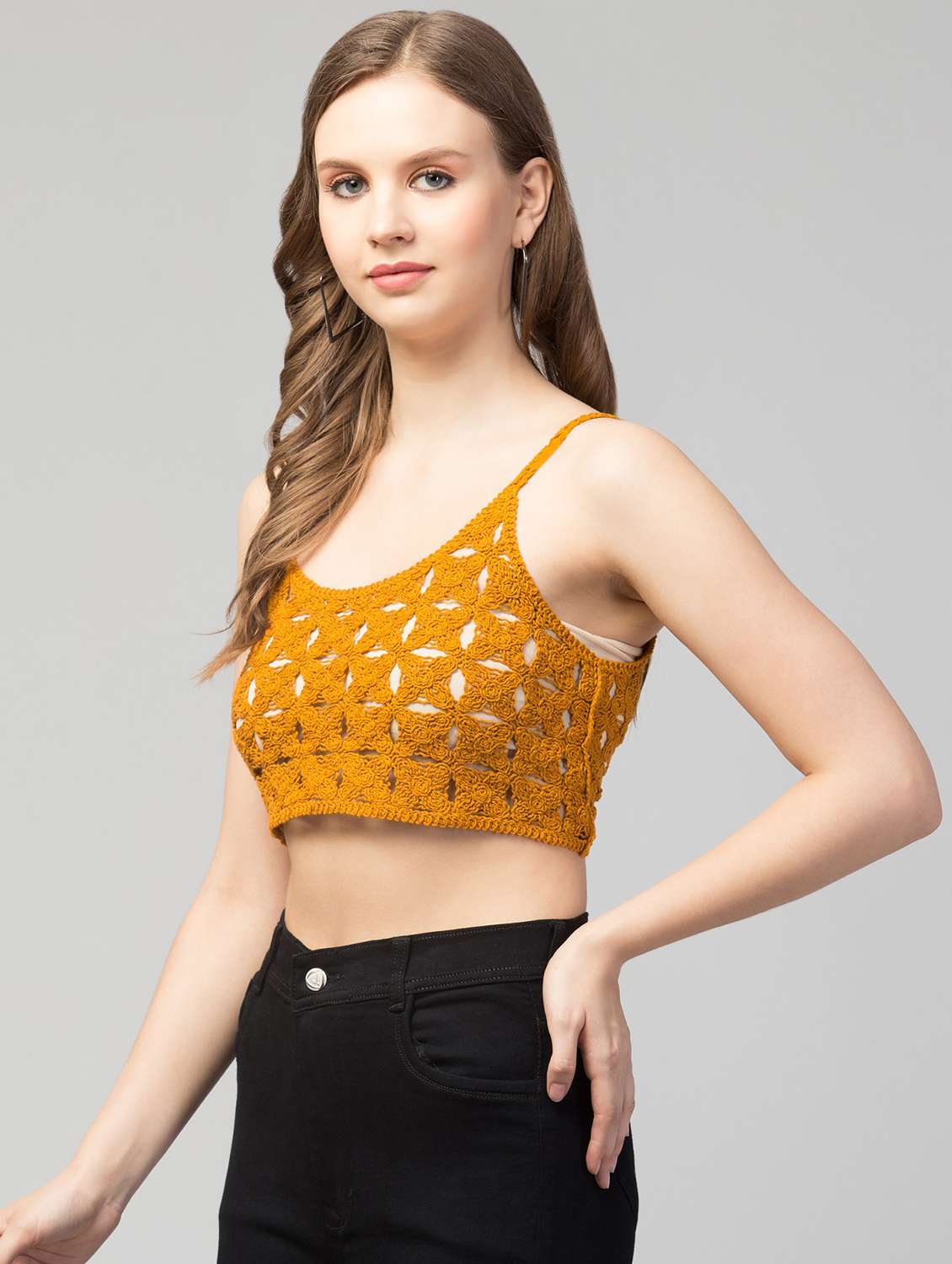 yellow self design crop top - 19945645 -  Standard Image - 1