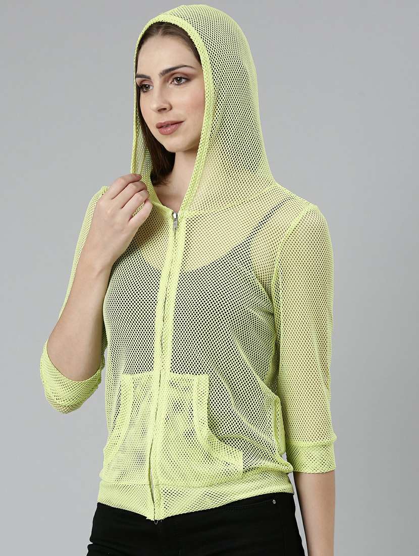 green solid three quater sleeves hooded summer jacket - 19947809 -  Standard Image - 1