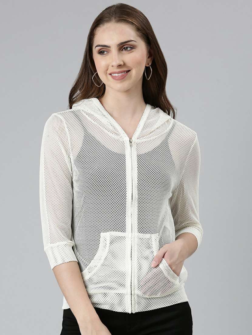 white solid three quater sleeves hooded summer jacket