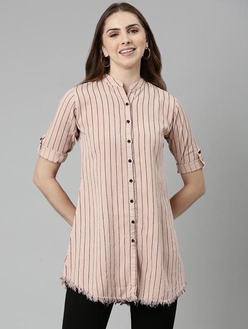pink striped mandarin neck long shirt - 19947878 - Standard Image - 0