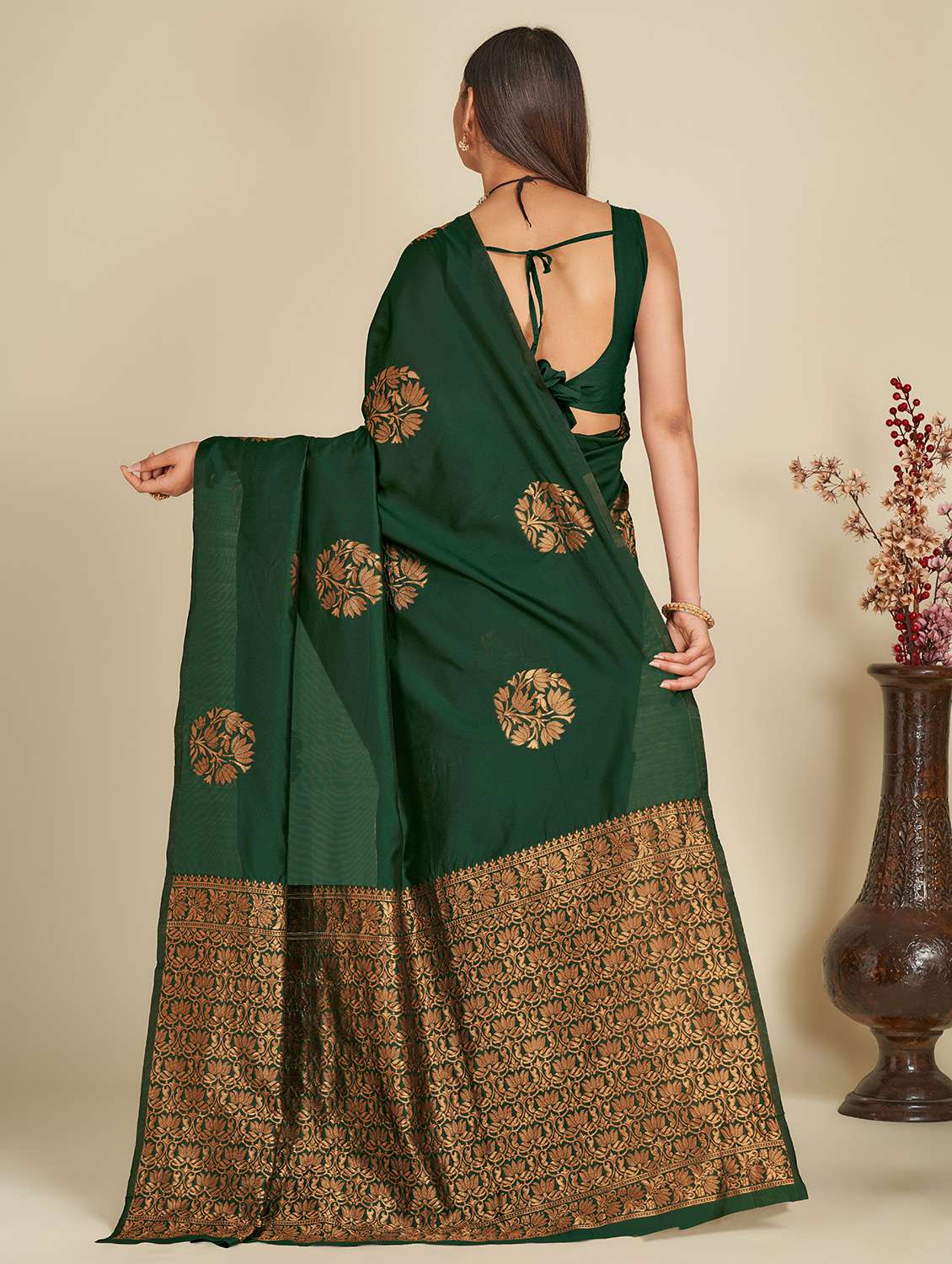 women's self design bottle green colored saree with blouse - 19948000 - Standard Image - 1