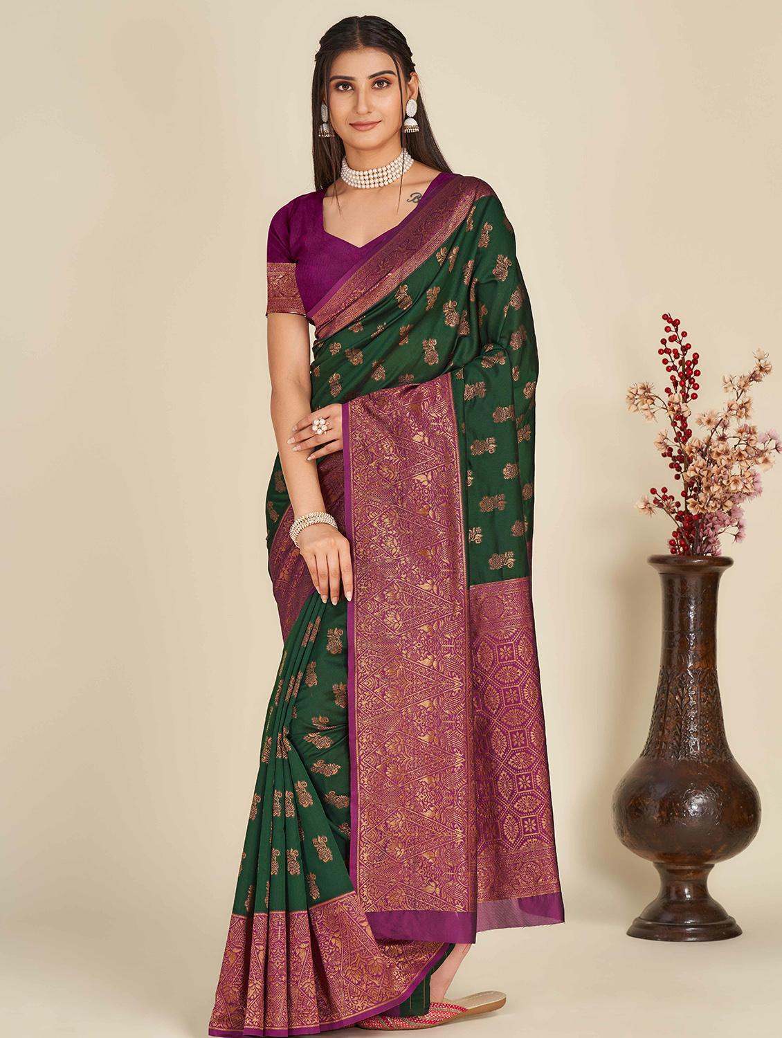 women's self design bottle green colored saree with blouse - 19948013 - Zoom Image - 0