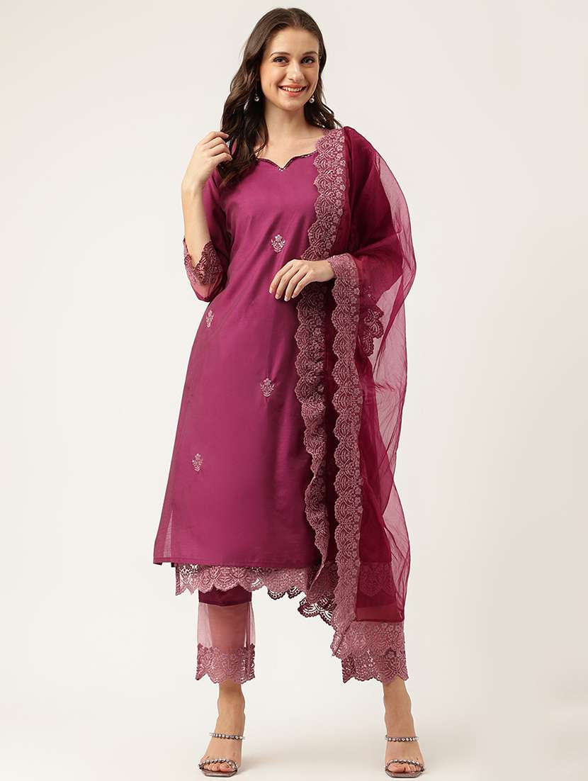 purple lace detail kurta pant  with dupatta set