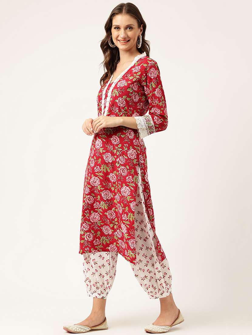 red floral printed kurta salwar with dupatta set - 19948044 -  Standard Image - 1