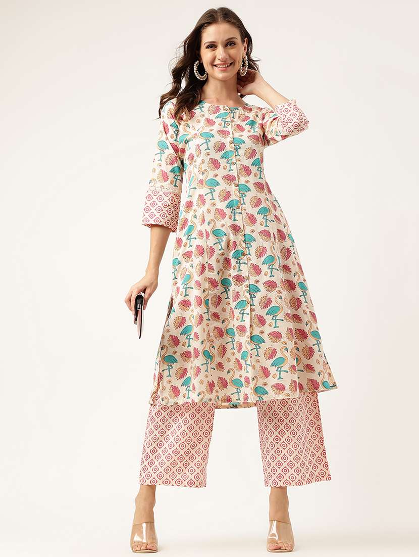 cream floral printed kurta palazzo set
