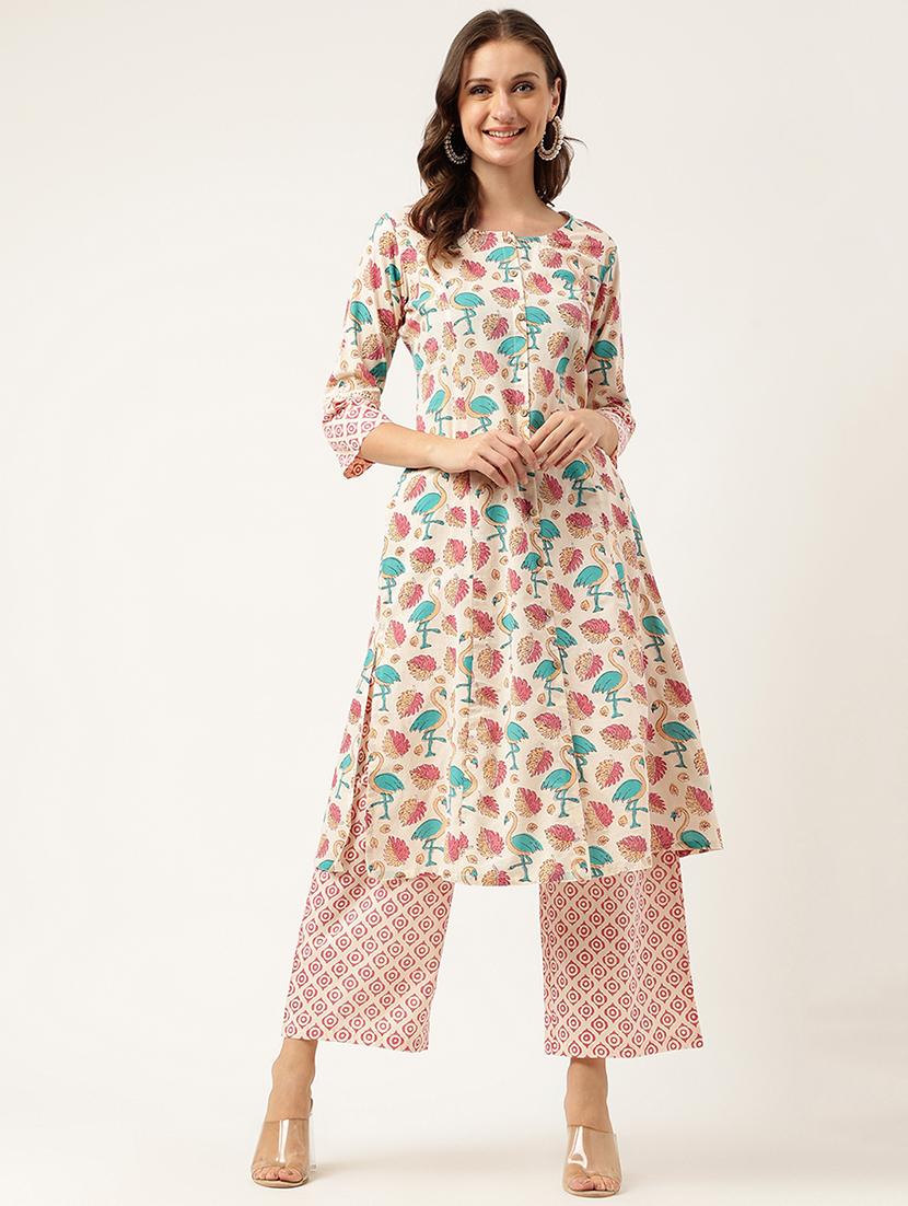 cream floral printed kurta palazzo set - 19948067 - Standard Image - 1