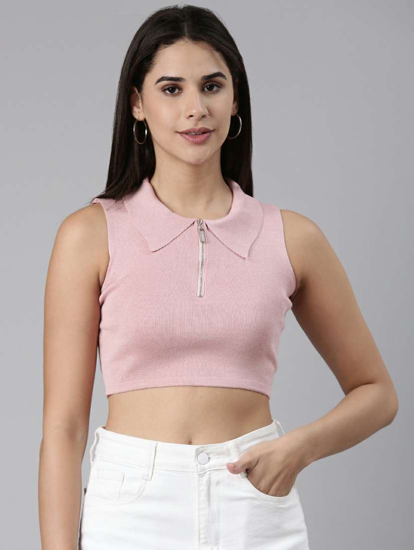 women's crop collared top