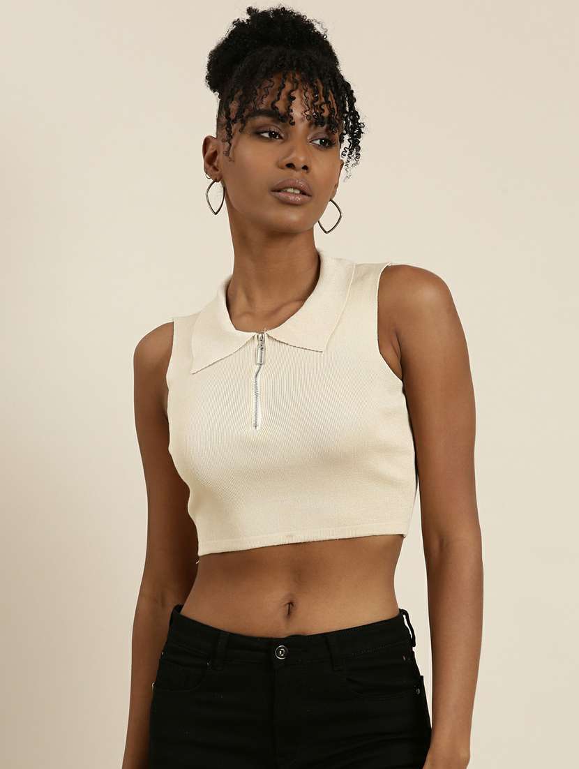 women's crop collared top