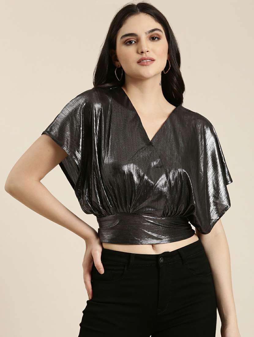 silver polyester blouson top