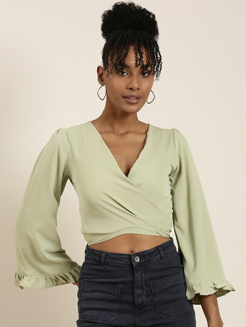green crepe wrap top - 19948705 -  Zoom Image - 0
