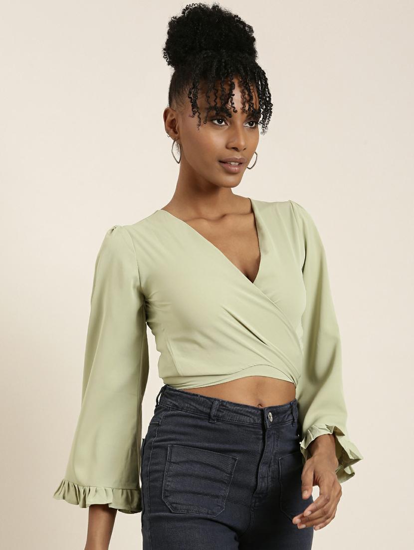 green crepe wrap top - 19948705 -  Standard Image - 1