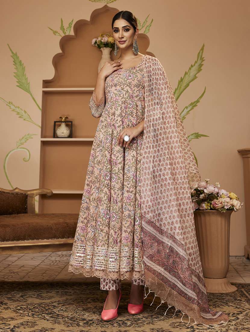 beige floral printed anarkali kurta pant with dupatta set - 19948724 - Zoom Image - 0