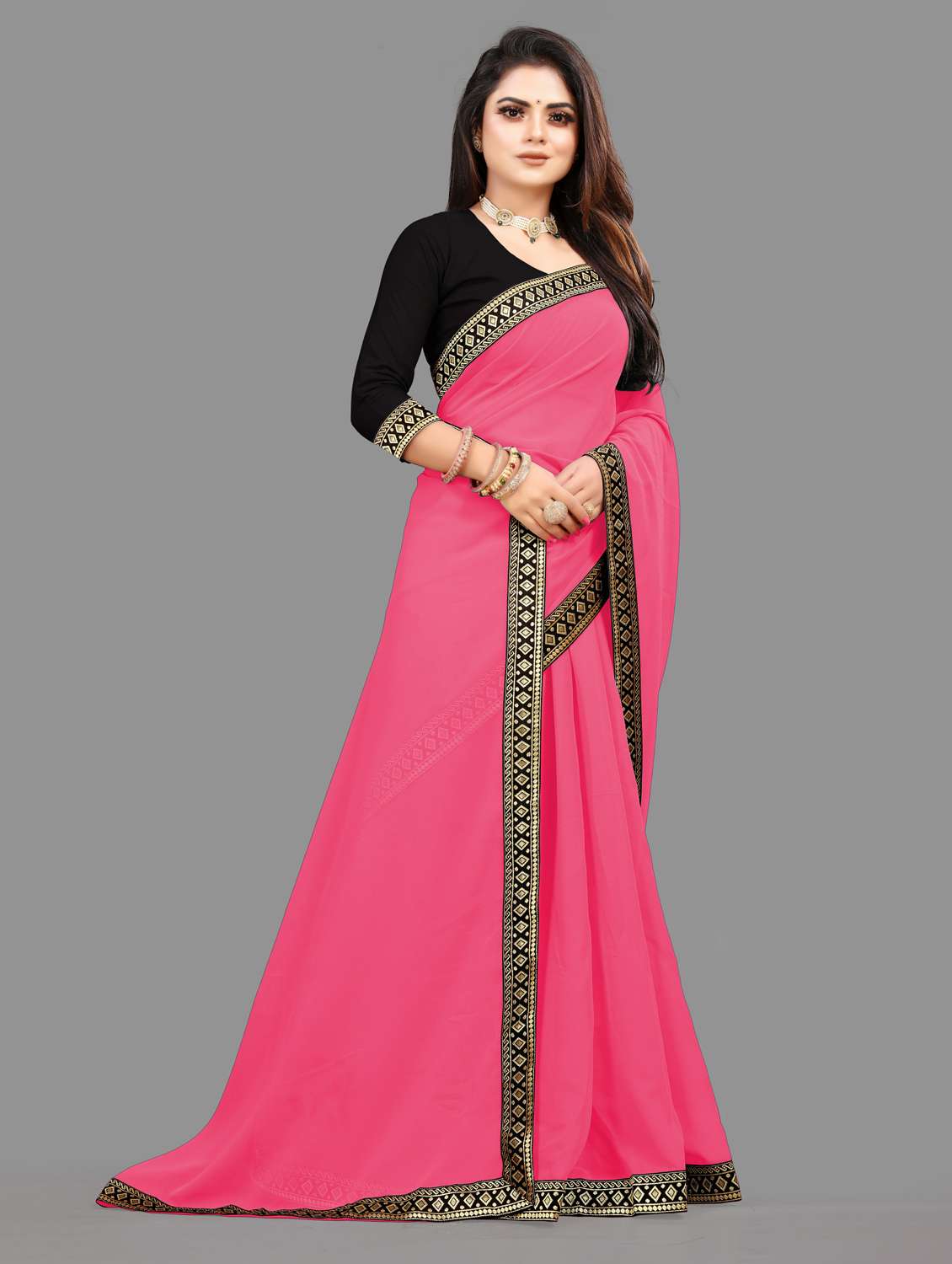 women's solid with work pink colored saree with blouse