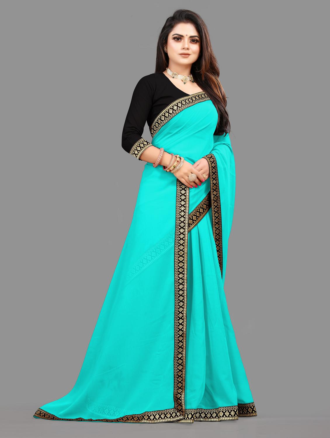 women's bordered turquoise colored saree with blouse - 19949197 -  Zoom Image - 0