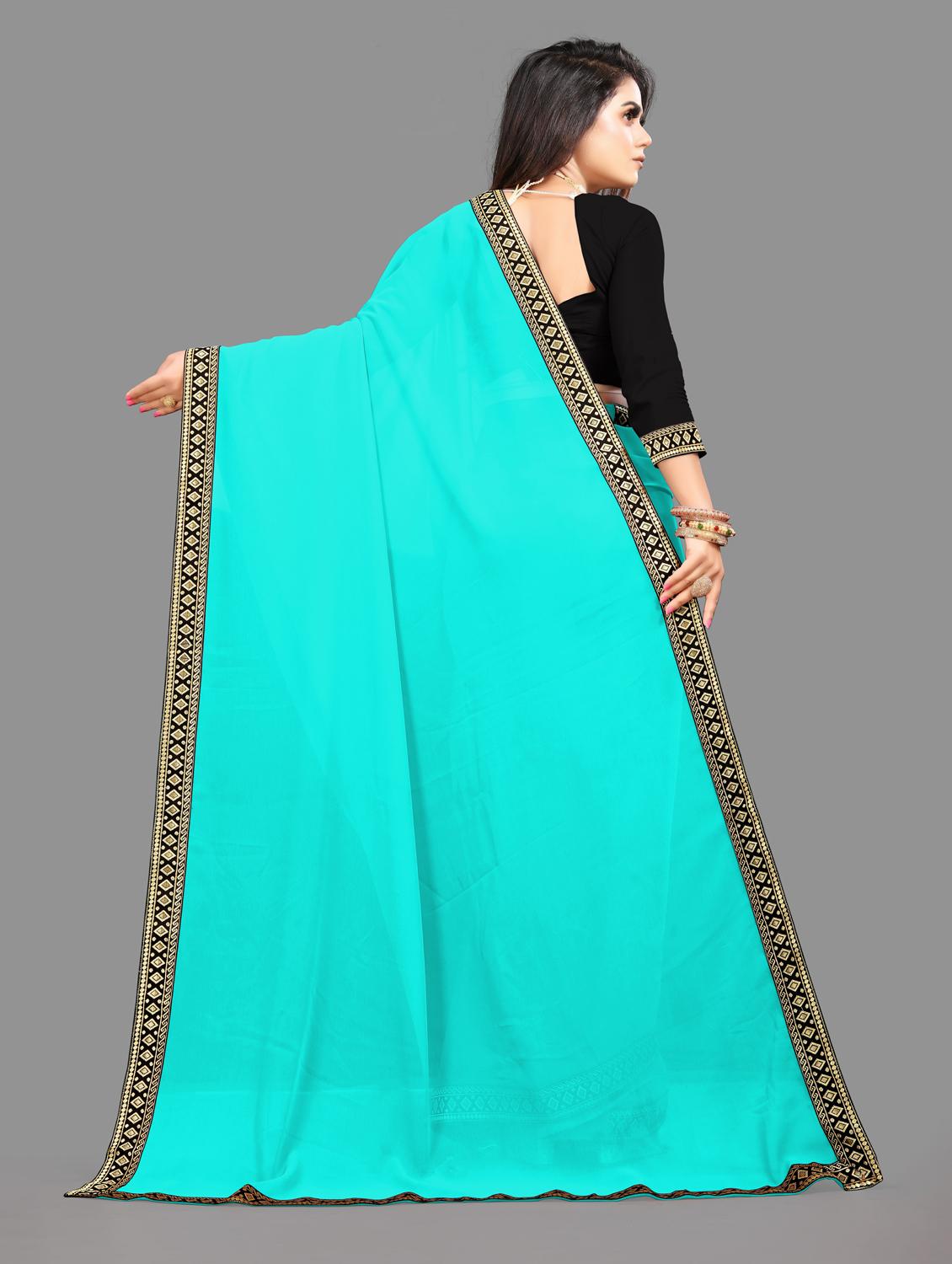 women's bordered turquoise colored saree with blouse - 19949197 -  Standard Image - 1