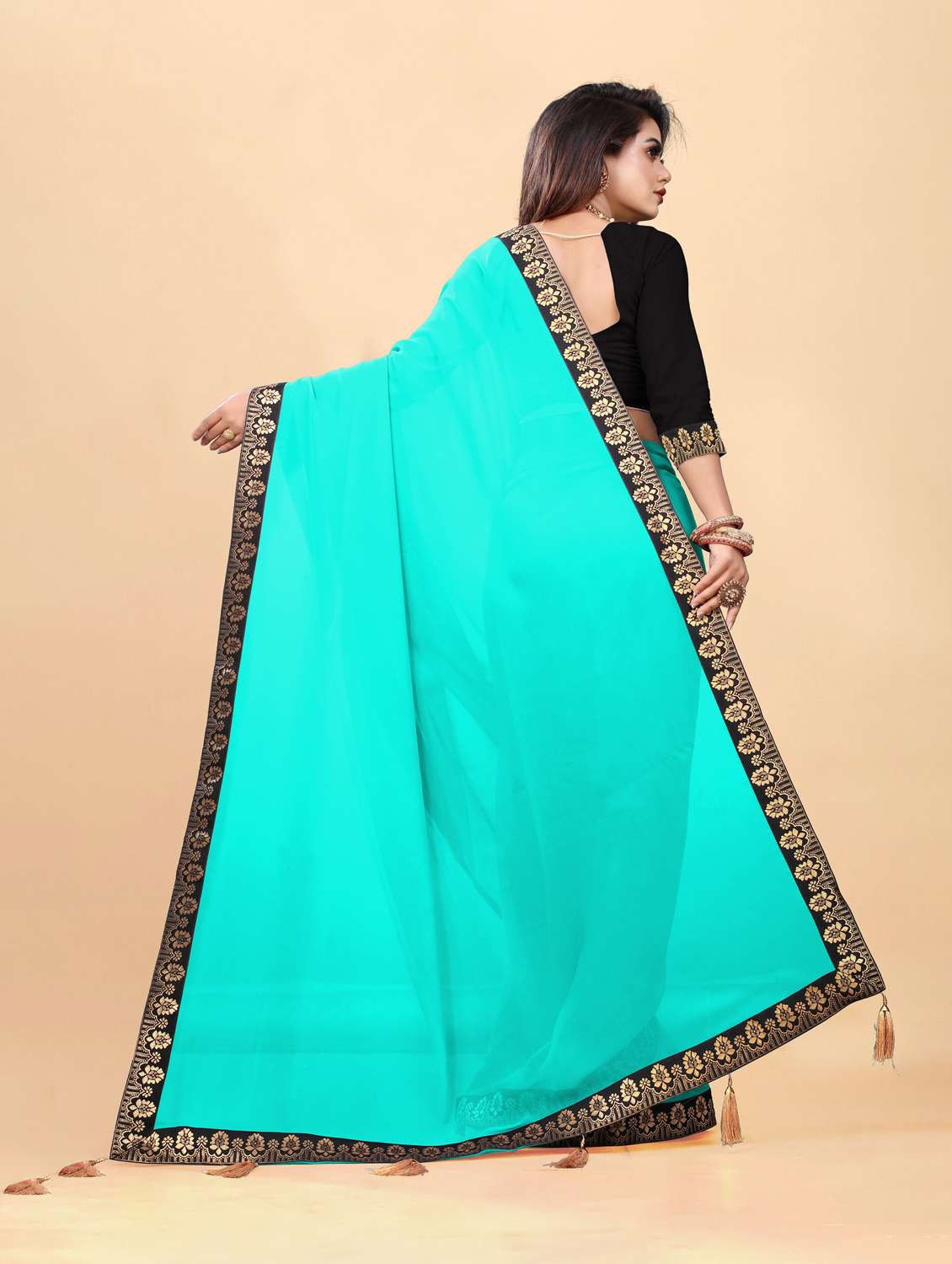 lace bordered plain saree with blouse - 19950114 - Standard Image - 1