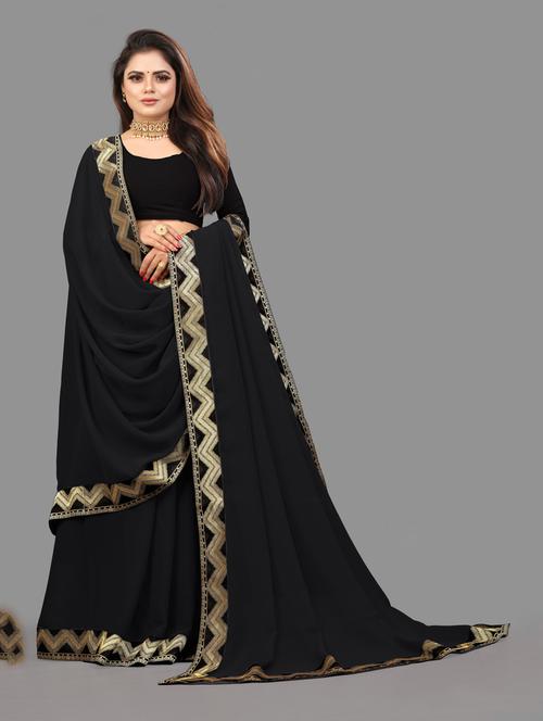 women's bordered black colored saree with blouse - 19950126 -  Standard Image - 0