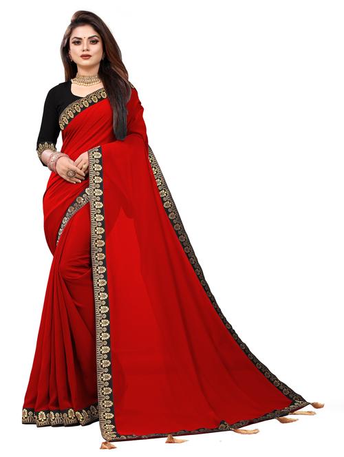 women's solid with work red colored saree with blouse - 19950341 - Standard Image - 0