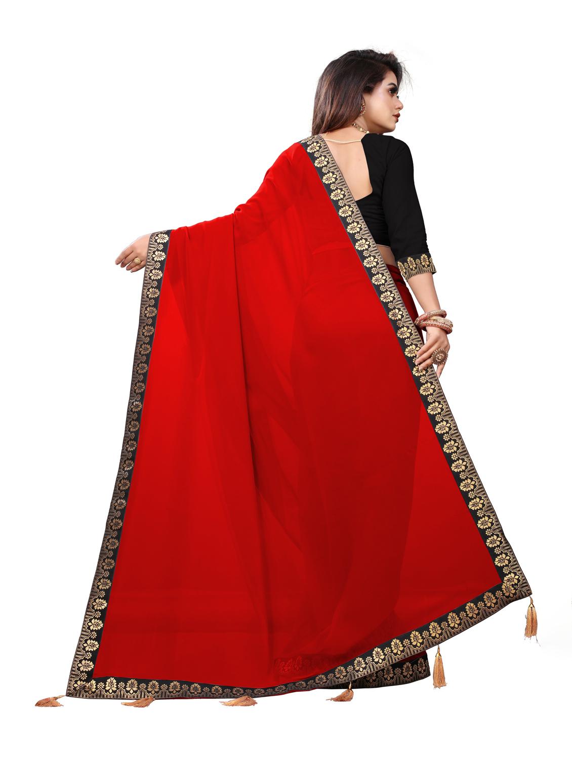 women's solid with work red colored saree with blouse - 19950341 -  Standard Image - 1