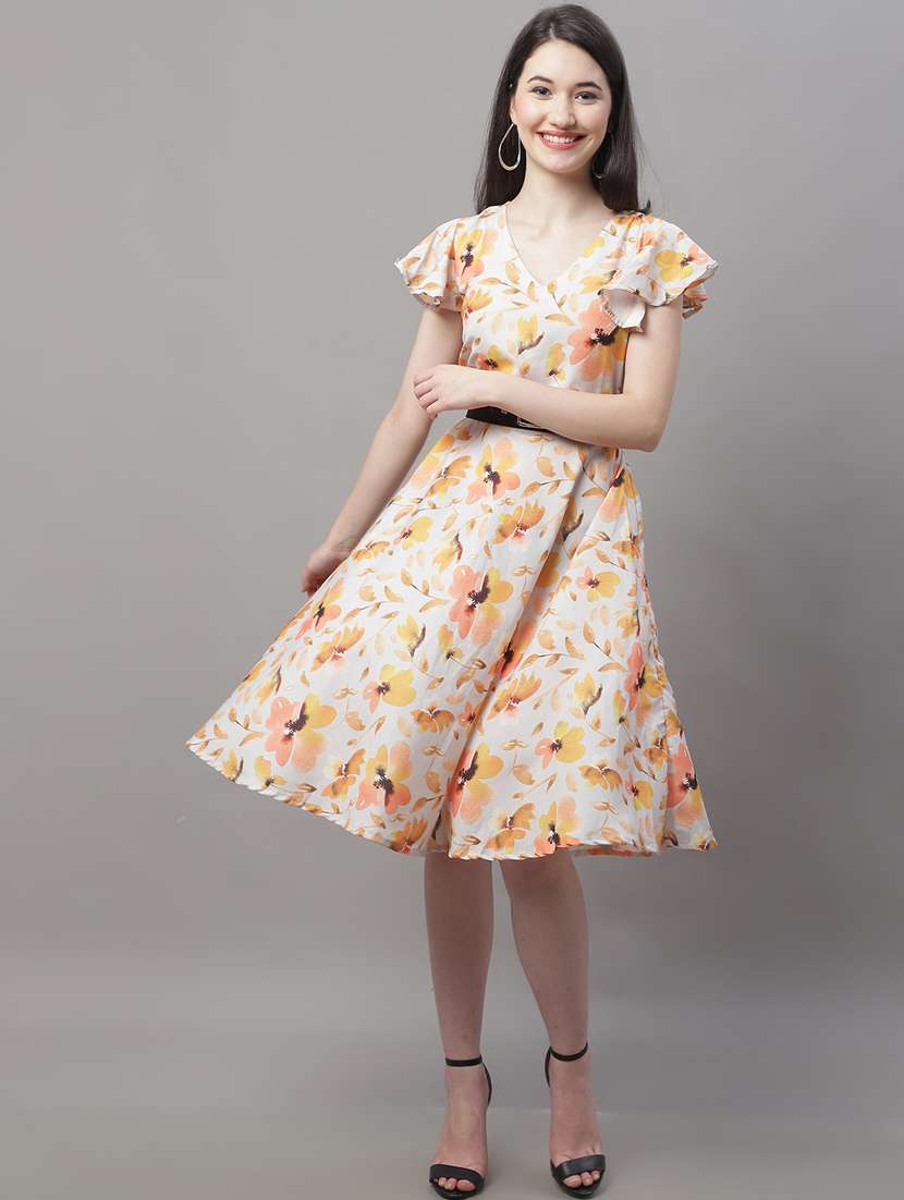womne floral printed flute sleeve fit & flare dress
