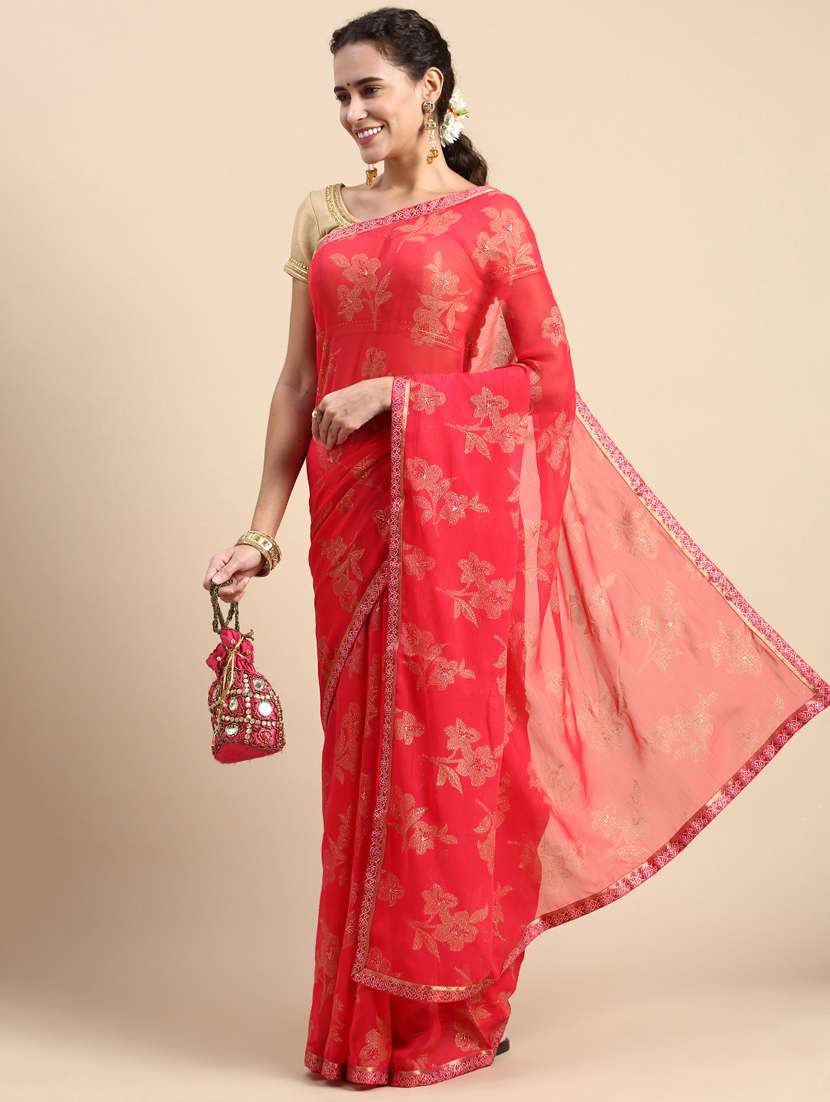 women's foil print pink colored saree