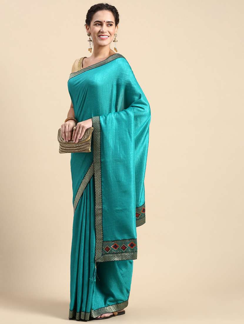 women's bordered turquoise colored saree