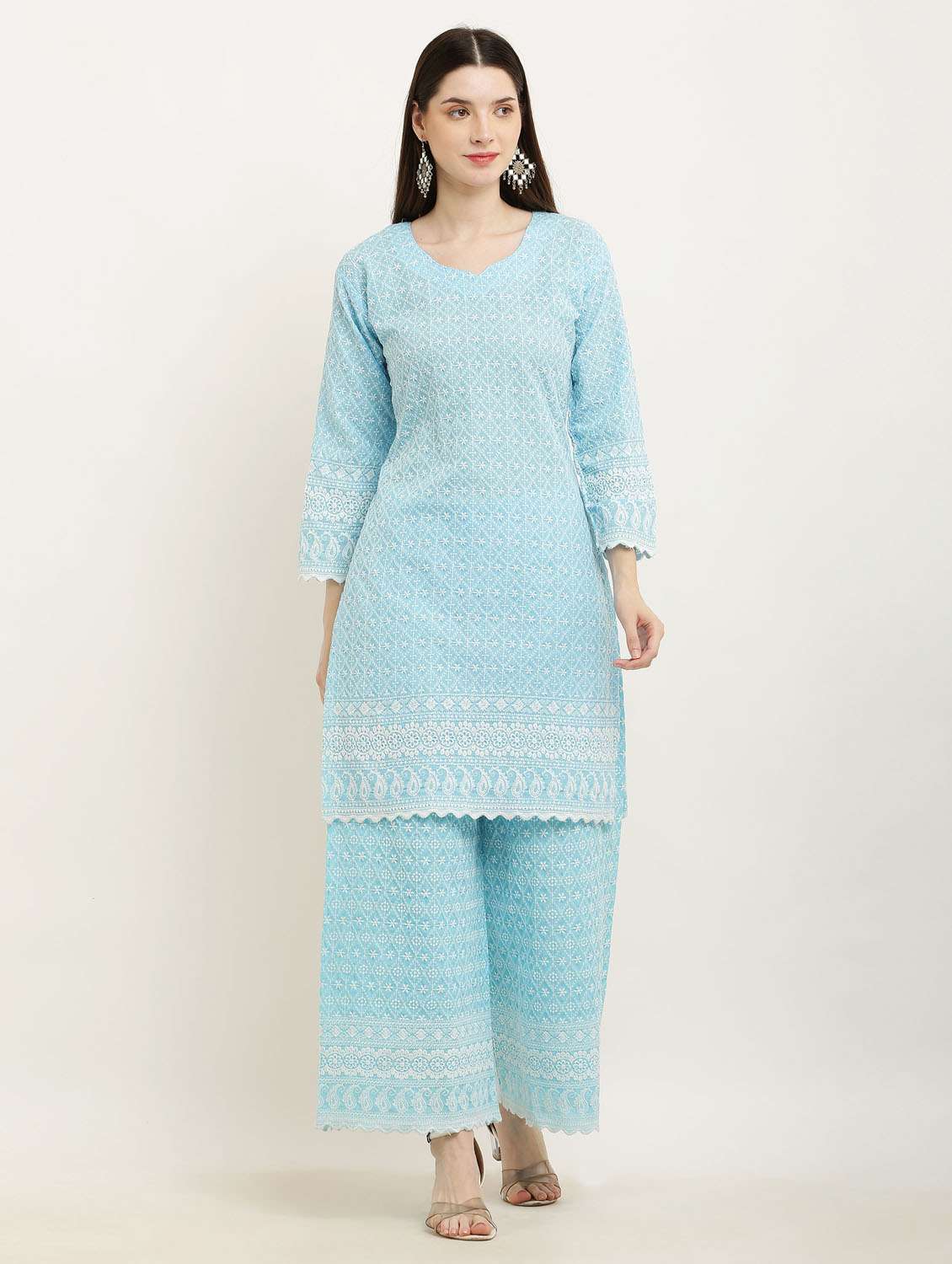 women light blue three quarter sleeve kurta palaazo set