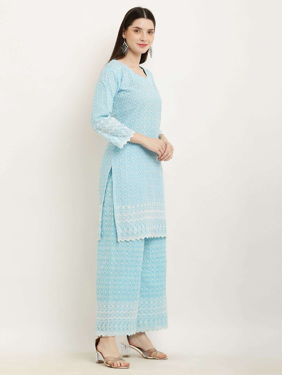 women light blue three quarter sleeve kurta palaazo set - 19953460 - Standard Image - 1