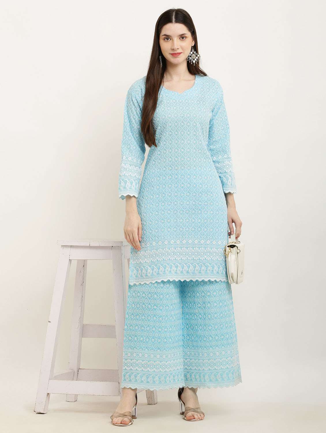 women light blue three quarter sleeve kurta palaazo set - 19953460 - Standard Image - 4