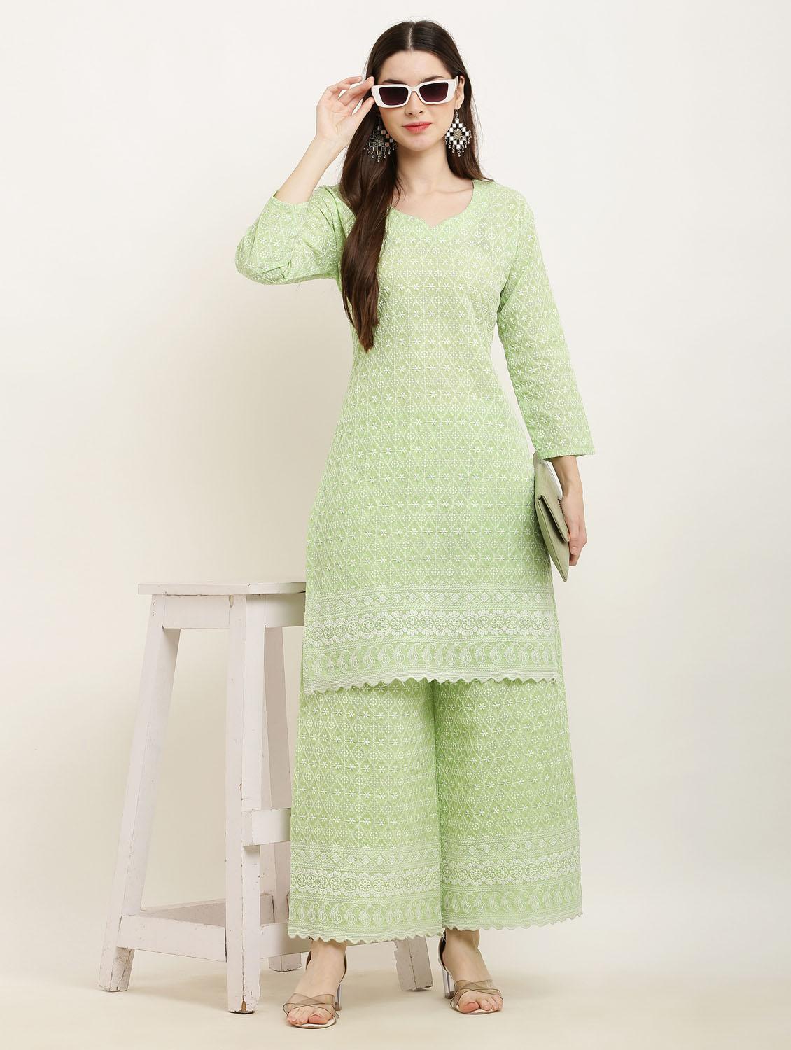 green chikankari kurta palazzo set - 19953461 - Standard Image - 4