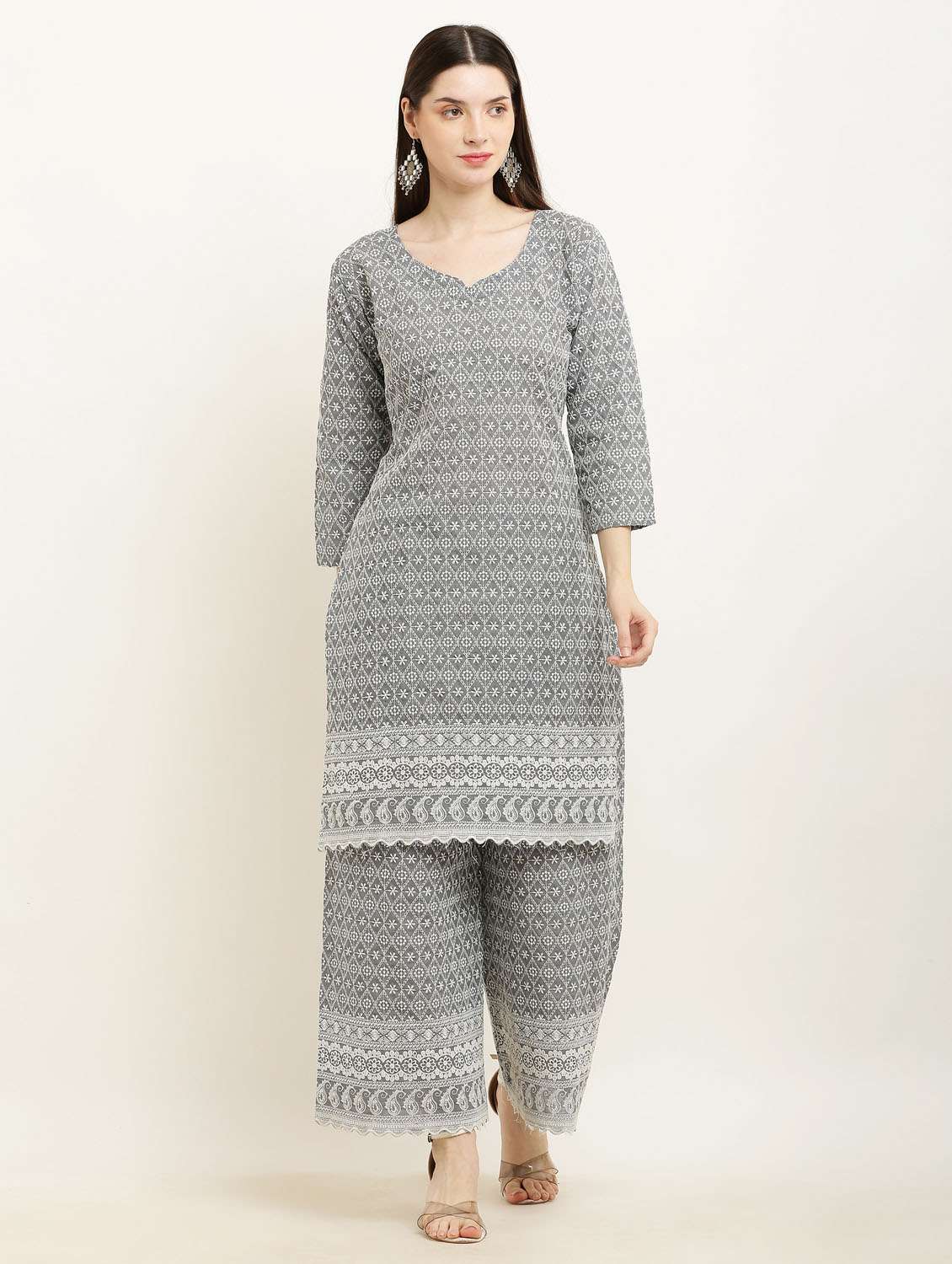 grey chikankari kurta palazzo set