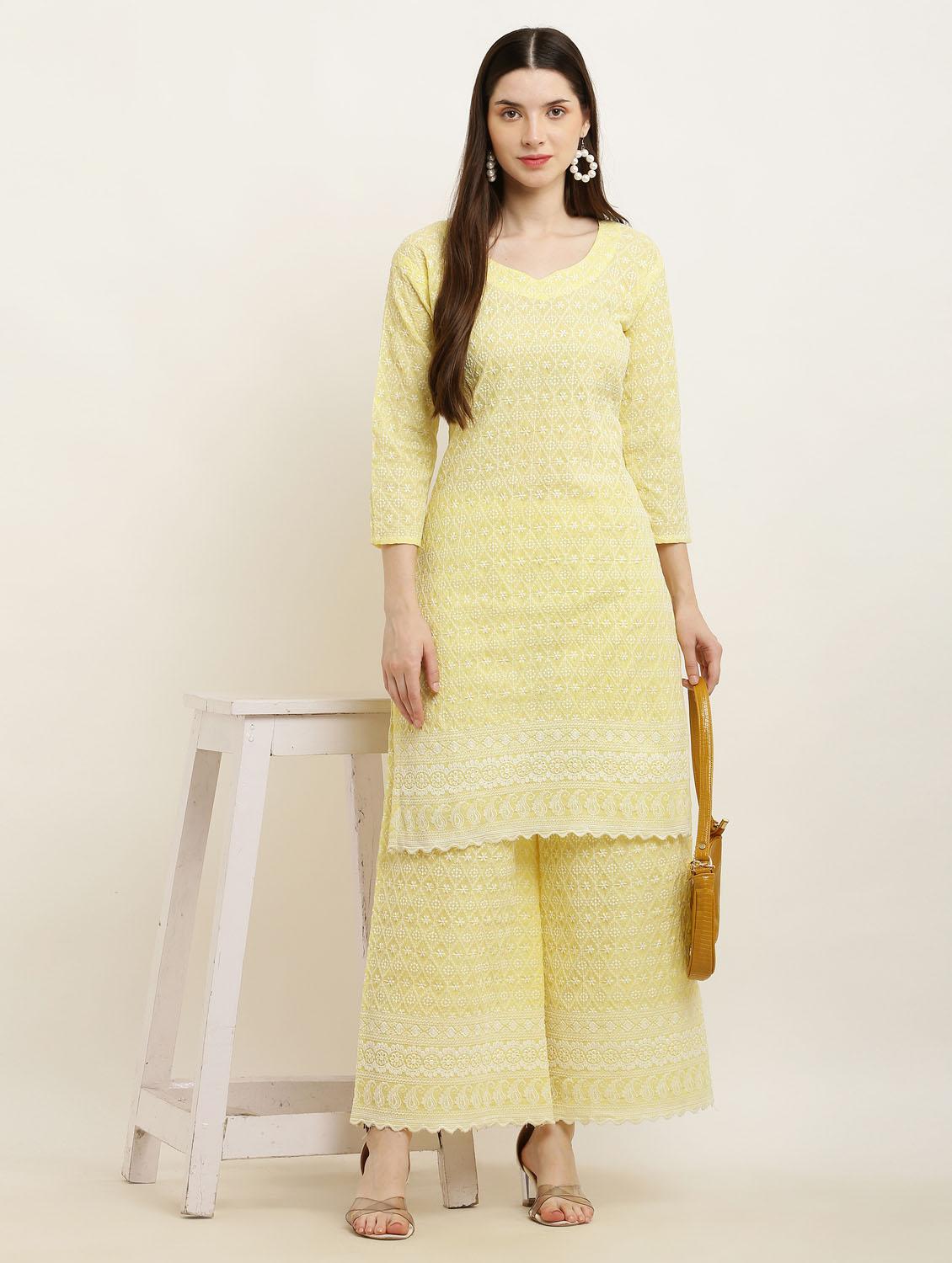 women yellow chikankari kurta palazzo set - 19953464 - Standard Image - 4