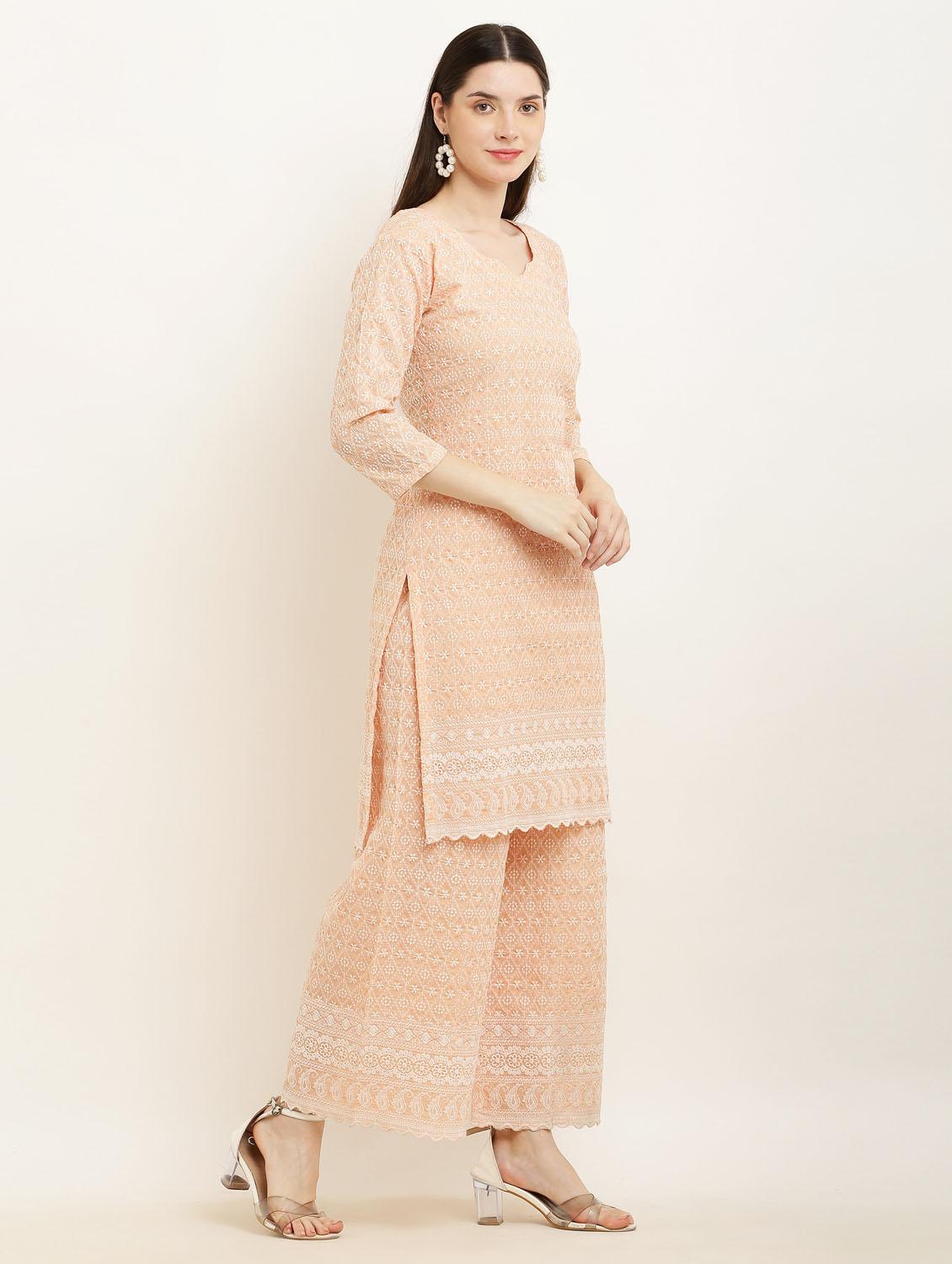 peach chikankari kurta palazzo set - 19953465 - Standard Image - 1