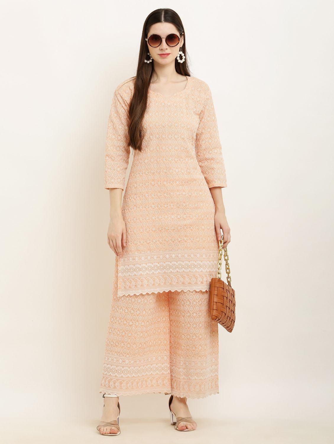 peach chikankari kurta palazzo set - 19953465 - Standard Image - 4