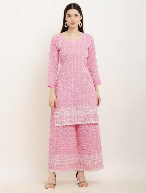 pink chikankari kurta palazzo set - 19953466 - Standard Image - 0
