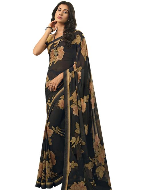 women's floral black colored saree with blouse - 19954067 - Standard Image - 0