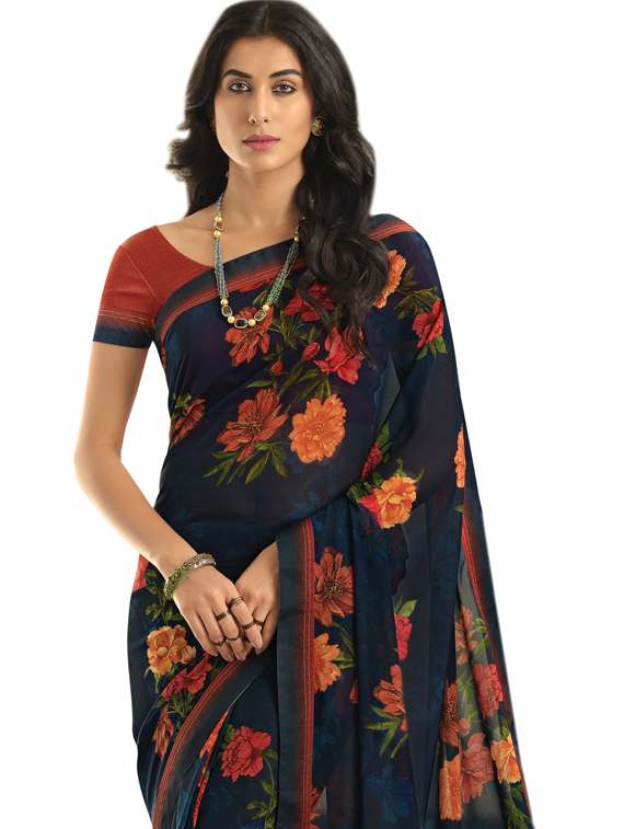 women's floral navy blue colored saree with blouse - 19954074 -  Standard Image - 1