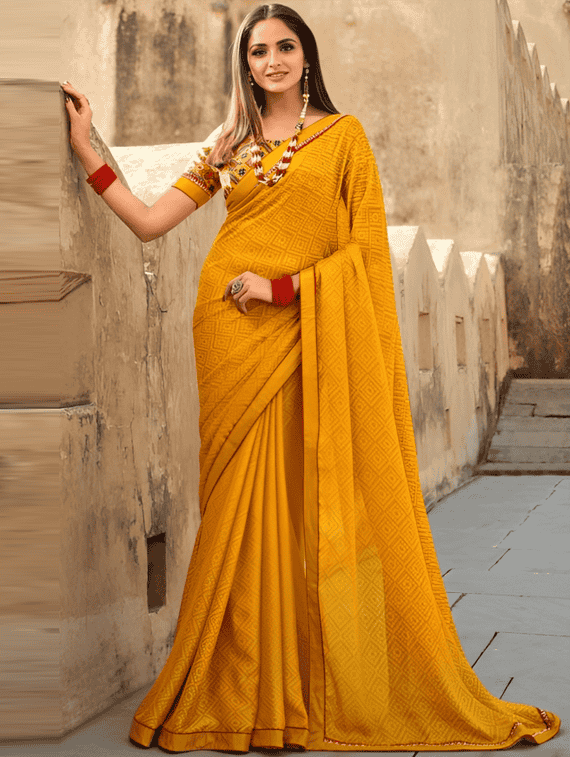 women's geometric mustard colored saree with blouse