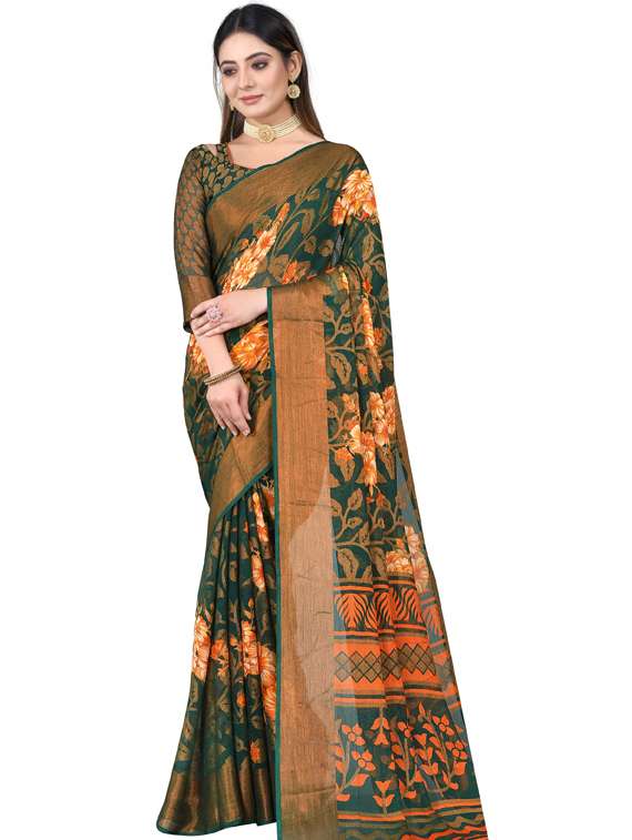 women's floral dark green colored saree with blouse
