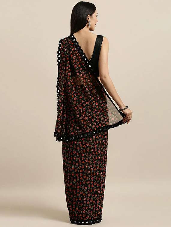 women's floral black colored saree with blouse - 19954109 -  Standard Image - 1