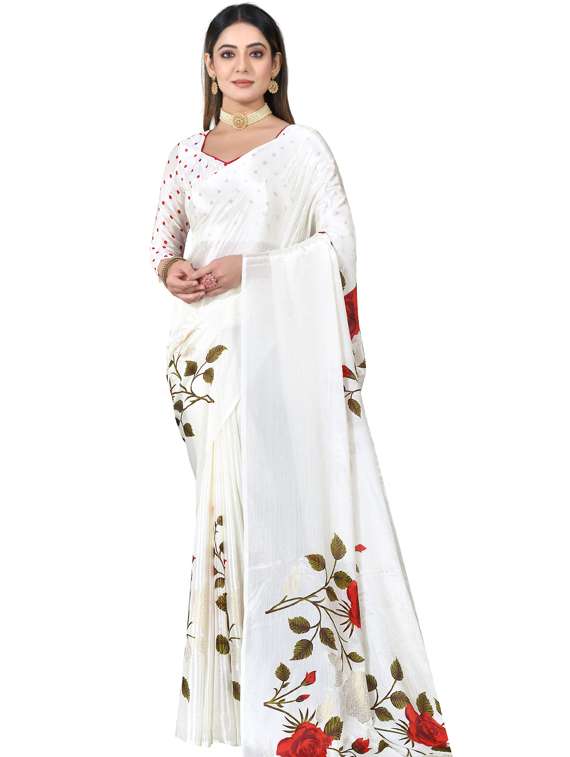 women's floral white colored saree with blouse