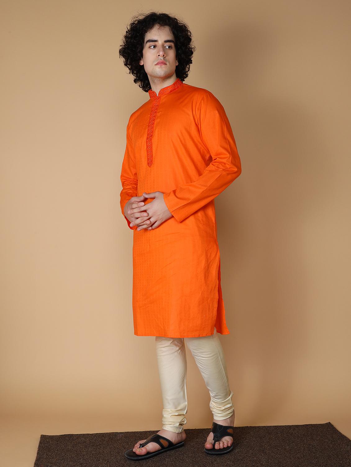 orange solid mandarin neck long kurta - 19954976 - Standard Image - 1