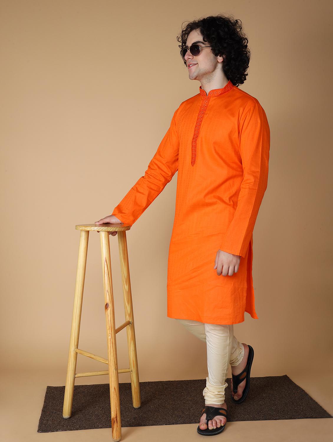 orange solid mandarin neck long kurta - 19954976 - Standard Image - 4