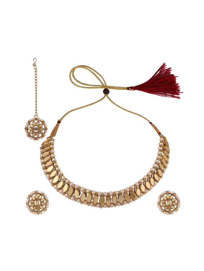 zaffrecollections stylish mirror and gold pearl choker set with maang tikka for women and girls - 19955250 - Standard Image - 1