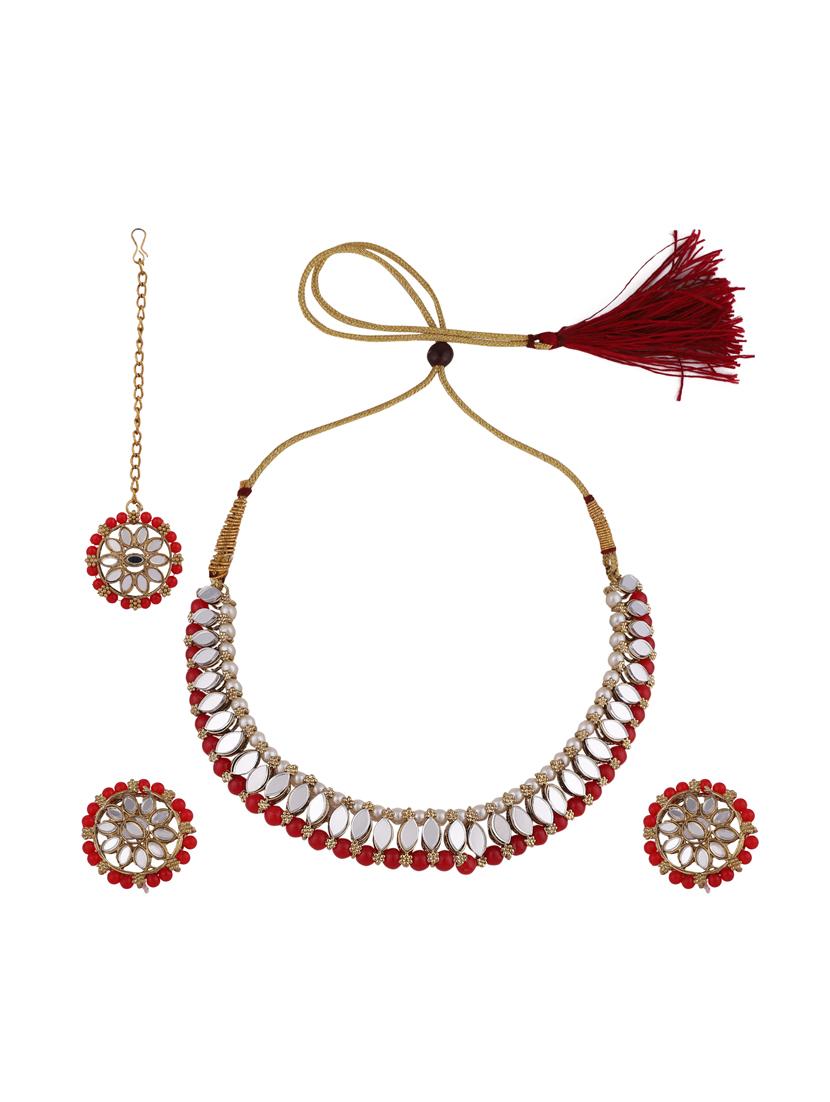 zaffrecollections stylish mirror and red pearl choker set with maang tikka for women and girls - 19955252 - Standard Image - 1